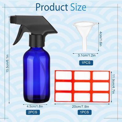 Fumete 2 Pack Glass Spray Bottles 4 oz Hair Spray Bottles small Refillable Empty Bottle with 1 Label 1 Funnel for Hair Essential Oils Travel Plants Cleaning Skin Care(Blue, Black Top)