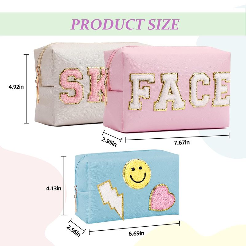 GEMLORD 3 Pieces Preppy Patch Makeup Bag, Small Chenille Letter Cosmetic Bag, PU Leather Waterproof Zipper Skin Care Toiletry Bags for Teen Girls, Portable Preppy Gift for Women(White, Blue, Pink)