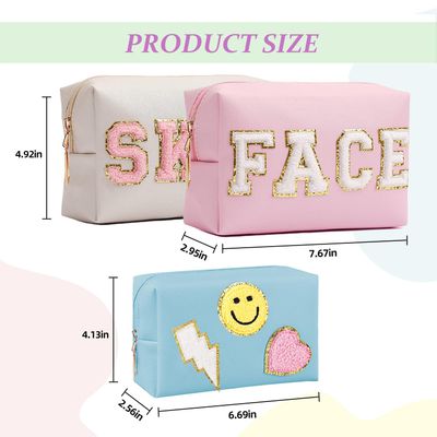 GEMLORD 3 Pieces Preppy Patch Makeup Bag, Small Chenille Letter Cosmetic Bag, PU Leather Waterproof Zipper Skin Care Toiletry Bags for Teen Girls, Portable Preppy Gift for Women(White, Blue, Pink)