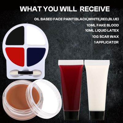 Bowitzki Clown Halloween Makeup Kit Special Effect SFX Makeup with 4 colors Face Paint, Liquid Latex, Fake Blood, Scar Wax, Applicator