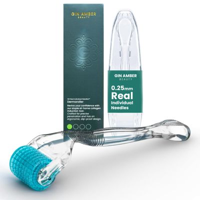 Gin Amber Dermaroller (0.25mm) - 192 Real Individual Needles, Microdermabrasion Device for Skin Care, Serum Absorption with Microneedling, Safe and Painless Revitalizer Tool, Hygienic Case