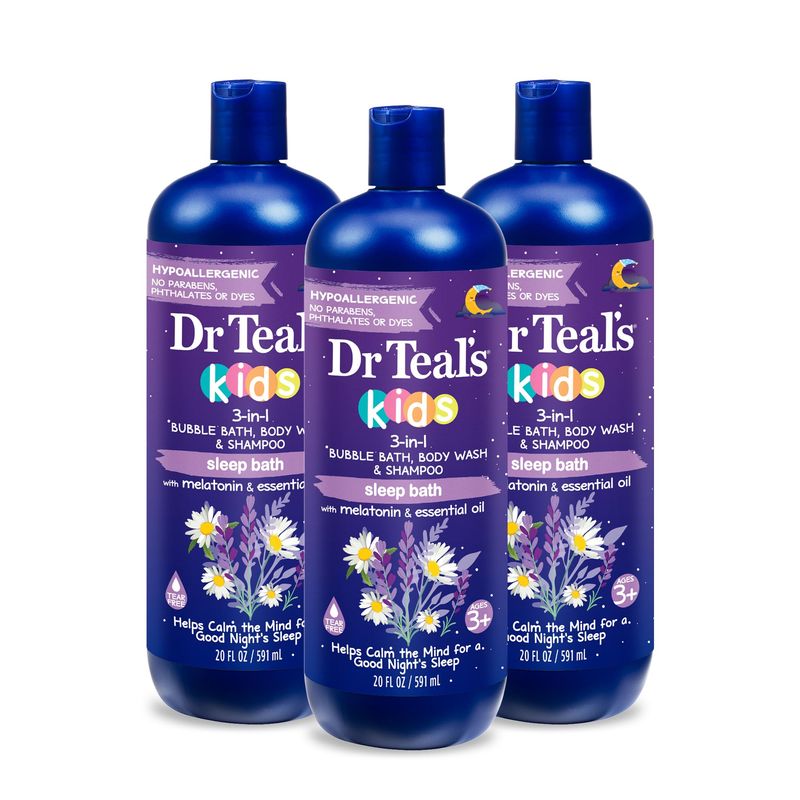 Dr Teal&#39;s Kids 3-in-1 Sleep Bath: Bubble Bath, Body Wash &amp; Shampoo with Melatonin &amp; Essential Oil, 20 fl oz (Pack of 3)