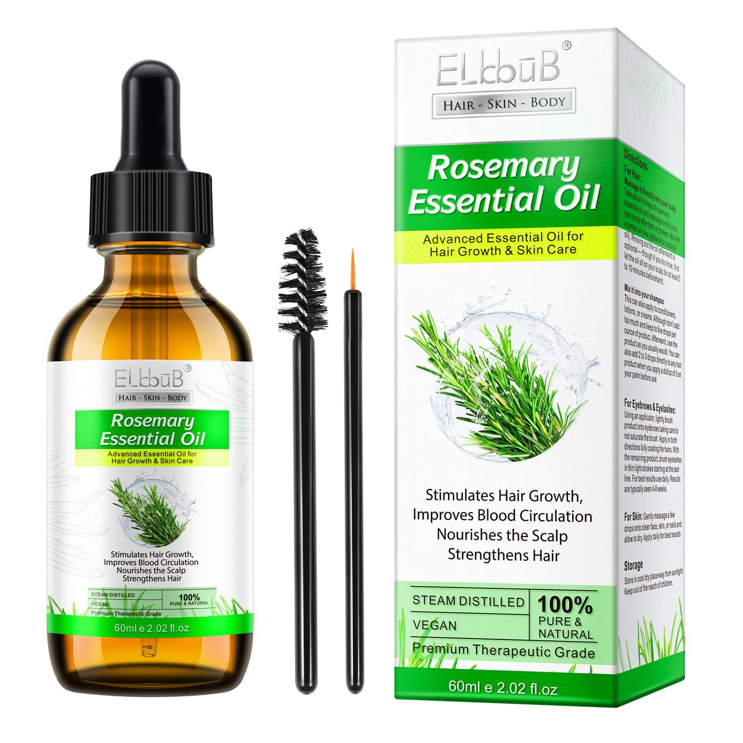 ELBBUB 100% Pure Rosemary Essential Oil for Skin Care &amp; Stimulates Hair Growth for Men Women -60ml, Nourishes The Scalp, , Versatile Usage for Eyebrow and Eyelash