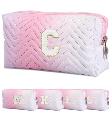 Christmas Gifts for GirlsPersonalized Initial Makeup Bag Gradient Purple Cosmetic Bag for Women, Stylish Monogrammed Toiletry Bag, Travel Skincare Bag, Ideal Makeup Bags &amp; Gifts for Women (Pink, C)