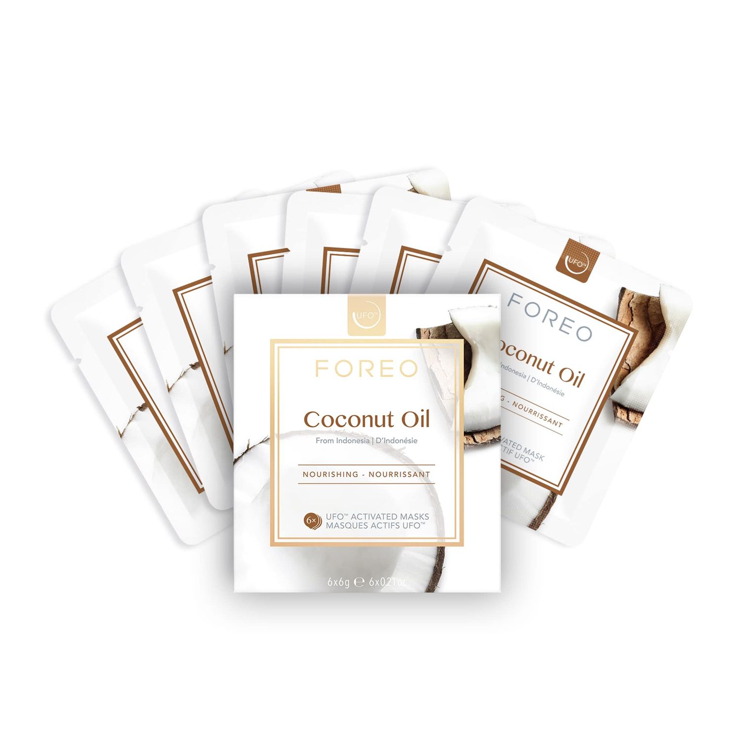 FOREO Coconut Oil Dual UFO Activated Facial Mask for Dehydrated Skin, 6 pack, Nourishing &amp; Hydrating, Coconut Oil &amp; Coconut Water, Cruelty-Free, Clean Formula, Compatible with all UFO devices
