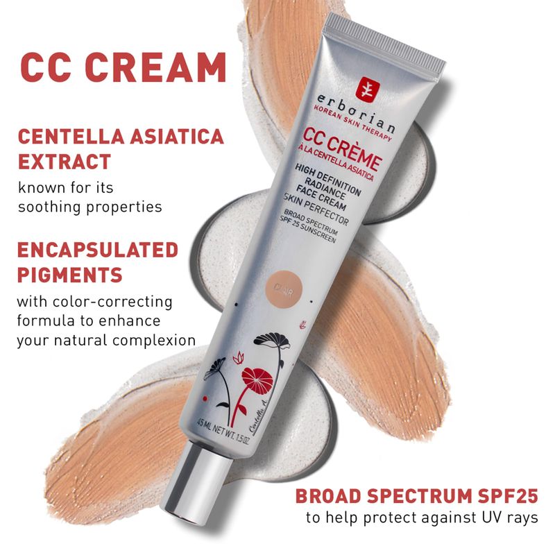 Erborian Color Correcting CC Cream with Centella Asiatica, Fair (Clair) - Light Multi-Purpose Facial Concealer with Illuminating Finish Soothes &amp; Hydrates - SPF Korean Skincare Skin Perfector - 0.5 Oz