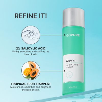 goPure Refine It 2% BHA Liquid Exfoliant - Pore refining, texture smoothing, complexion correcting, infused with nourishing fruit extracts, safe for all skin types