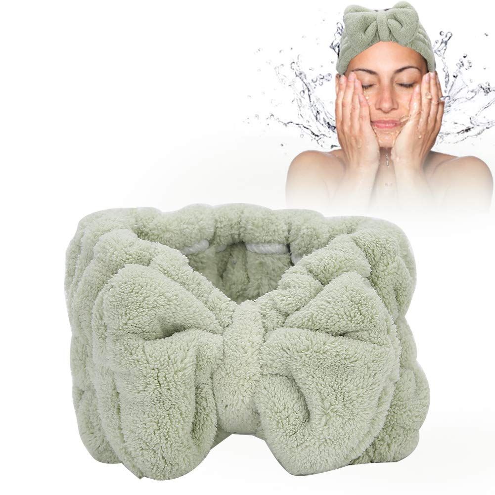 FILFEEL Hairbow Headband, Facial Hair Headband for Makeup and Washing Face, Adjustable Water Absorption Coral Fleece Bowknot Hair Band, Comfort to Shower Skincare Spa for Women (Green)