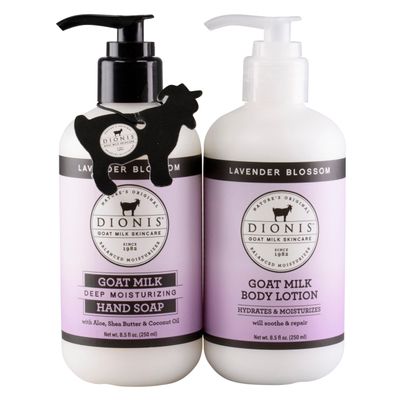 Dionis Goat Milk Skincare Lavender Blossom Body Lotion &amp; Hand Soap Gift Bundle - Lavender Scented Cream &amp; Concentrated Liquid Soap Gently Clean, Moisturize &amp; Nourish Dry Hands, 8.5 oz Pump Bottles