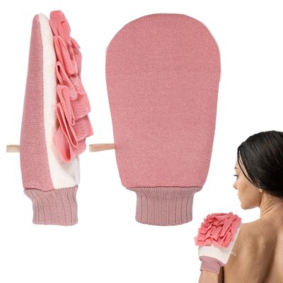 1Pcs Double-Sided Exfoliating Wash Mitt, Deep Exfoliating Glove for Shower, Loofah Sponge, Dual Texture Bath Gloves, Exfoliating Gloves Remove Dead Skin &amp; Cleanse Whole Body(Pink)