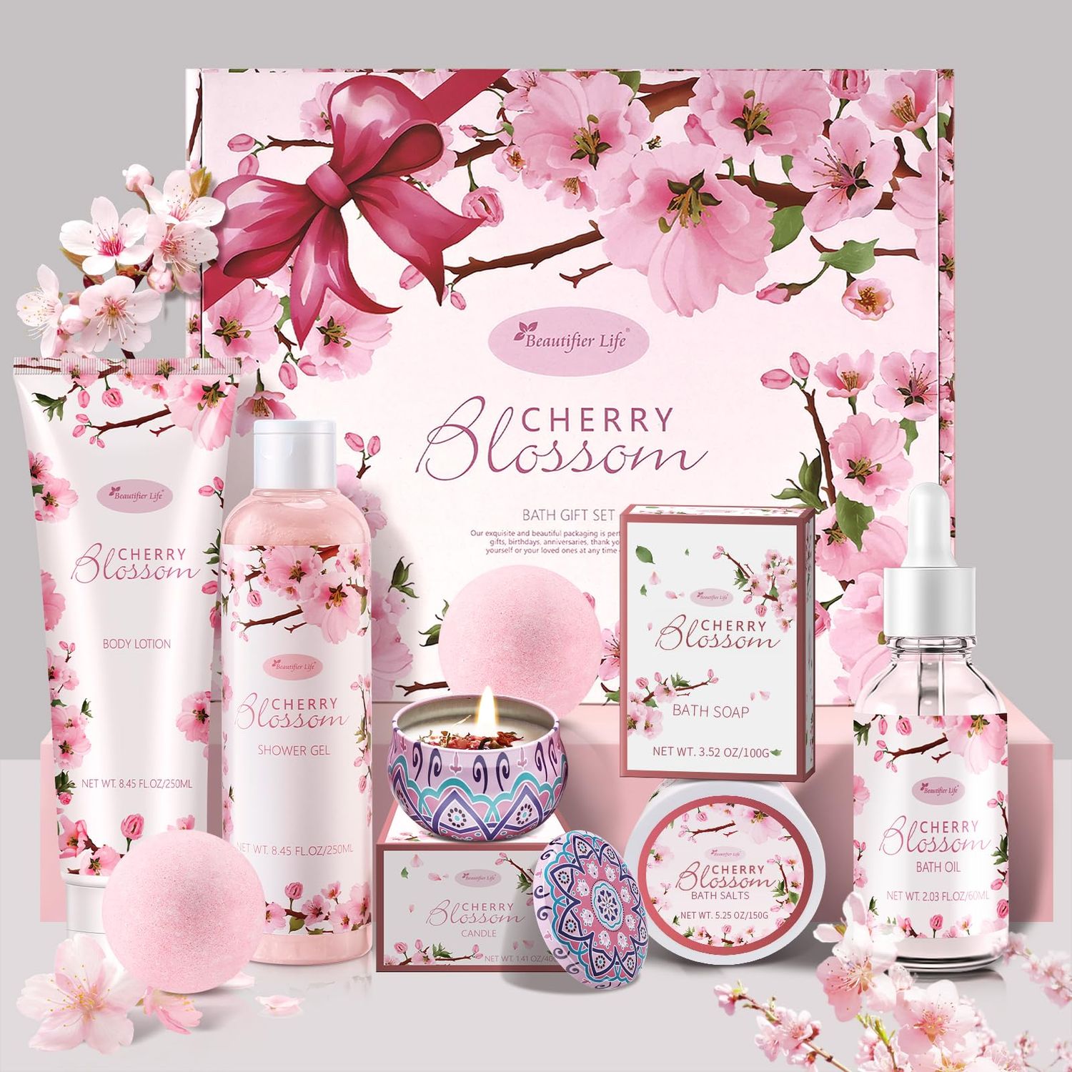 Bath and Body Gift Set for Women &amp; Girls - Japanese Cherry Blossom 7-Piece Luxurious Home Spa Gift Set with Shower Gel, Body Lotion, Bath Oil, Bath Salts, Soap, Bath Bombs, and Candle