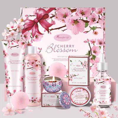 Bath and Body Gift Set for Women &amp; Girls - Japanese Cherry Blossom 7-Piece Luxurious Home Spa Gift Set with Shower Gel, Body Lotion, Bath Oil, Bath Salts, Soap, Bath Bombs, and Candle