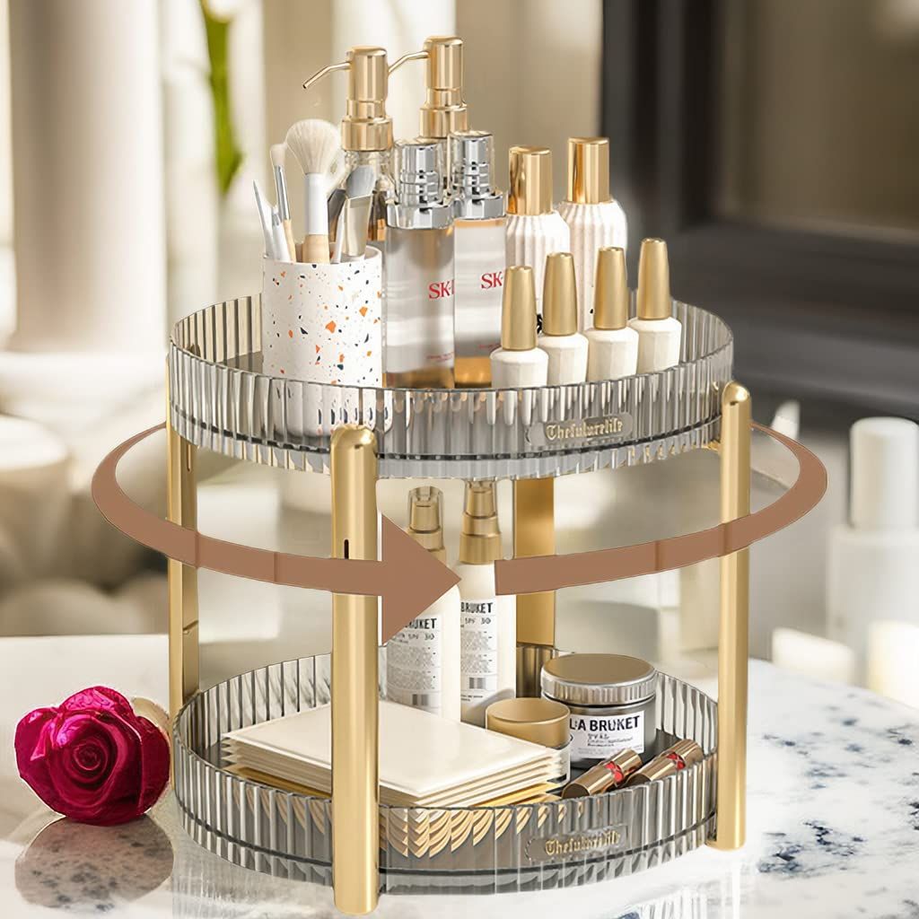 DiiuuAII Rotating Makeup Organizer for Vanity, Bathroom Organizer Countertop Carousel Spinning Holder - High-Capacity Perfume Organizer, Skincare Organizers Cosmetics Storage Rack- 2Tier