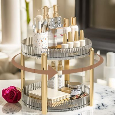 DiiuuAII Rotating Makeup Organizer for Vanity, Bathroom Organizer Countertop Carousel Spinning Holder - High-Capacity Perfume Organizer, Skincare Organizers Cosmetics Storage Rack- 2Tier