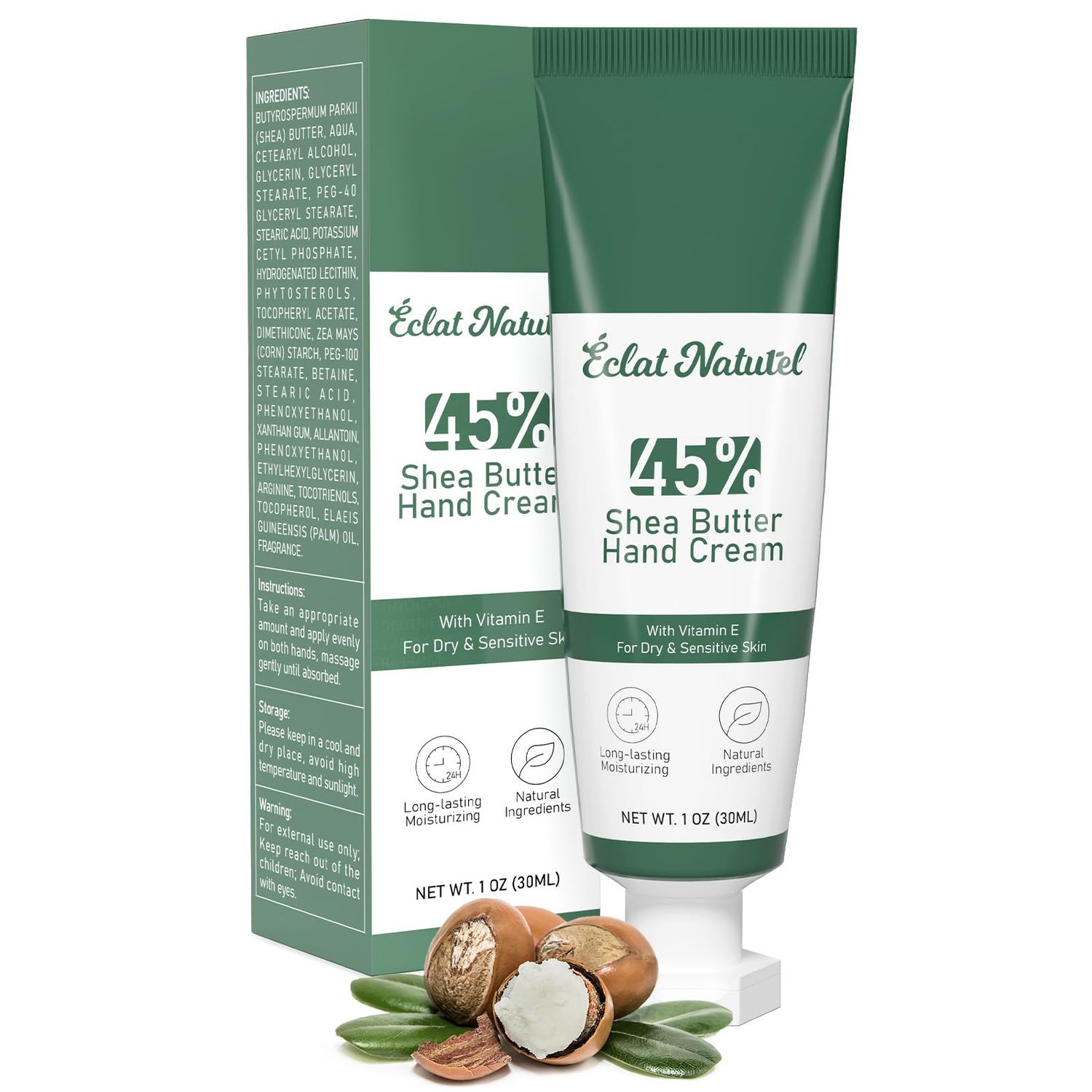 CLAT NATUREL Shea Butter Hand Cream, Made with 45% Shea Butter and Vitamin E Hand Moisturizer, Deep Moisturizing Dry Hands, Mini Hand Lotion Travel Size, 1 Fl Oz
