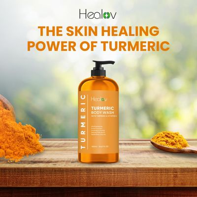 Healov Turmeric Body Wash - Skin Brightening Turmeric Soap for Dark Spots, Hyperpigmentation - Exfoliating Turmeric Face Wash Reduces Acne, Scars, &amp; Cleanses Skin - Natural Turmeric Liquid Soap