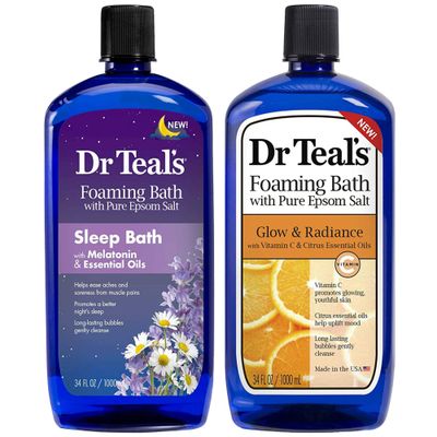 Dr. Teal&#39;s Foaming Bath Variety Gift Set (2 Pack, 34oz Ea.) - Melatonin Sleep Soak &amp; Glow &amp; Radiance with Vitamin C and Citrus Essential Oils - Moisturizes Skin &amp; Promotes a Better Nights Sleep