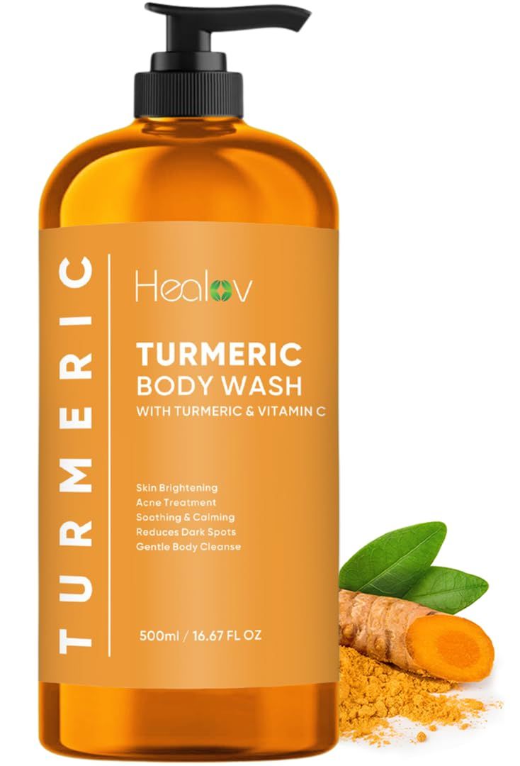 Healov Turmeric Body Wash - Skin Brightening Turmeric Soap for Dark Spots, Hyperpigmentation - Exfoliating Turmeric Face Wash Reduces Acne, Scars, &amp; Cleanses Skin - Natural Turmeric Liquid Soap