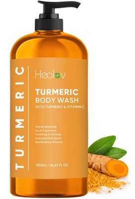 Healov Turmeric Body Wash - Skin Brightening Turmeric Soap for Dark Spots, Hyperpigmentation - Exfoliating Turmeric Face Wash Reduces Acne, Scars, &amp; Cleanses Skin - Natural Turmeric Liquid Soap