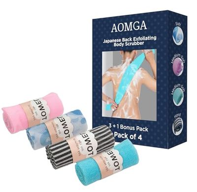 AOMGA Exfoliating Body Scrubber Pack of 4 - Japanese Washcloth Back Scrubber for Shower - Soft, Medium Soft and Hard Exfoliating Wash Cloth for Radiant Looking Skin