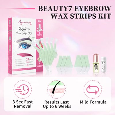 Beauty7 Hair Removal Kit, Eyebrow Wax Strips Kit Facial Wax Strips 24 Strips with Pearl Powder Essential Oil for Sensitive All Skin Types Women