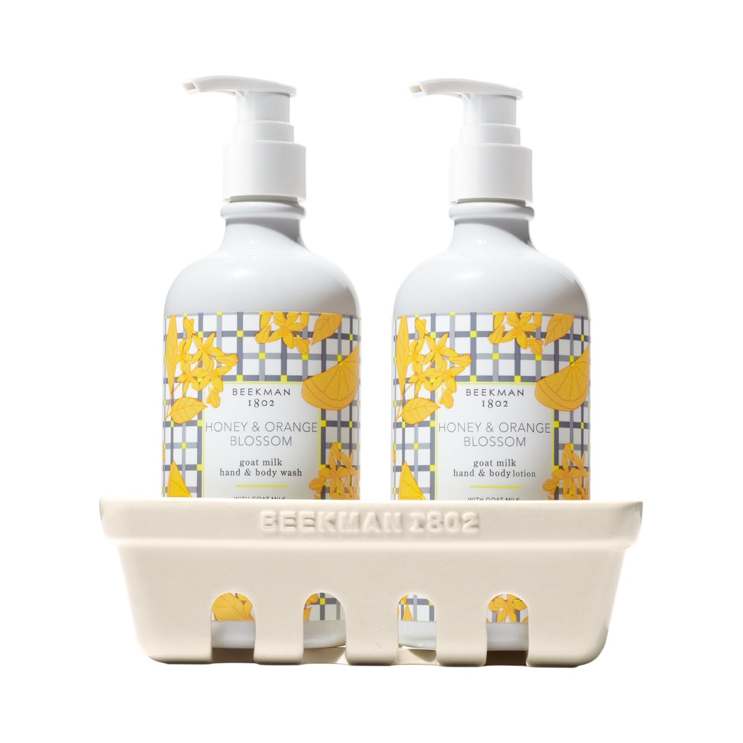 Beekman 1802 Hand Wash &amp; Lotion Ceramic Caddy Set, Honey &amp; Orange Blossom - Scented - 12.5 oz Each - Deeply Cleanses &amp; Hydrates Dry Hands - With Goat Milk - Good for Sensitive Skin - Cruelty Free