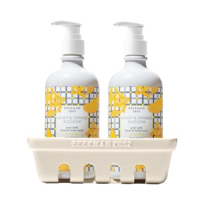 Beekman 1802 Hand Wash &amp; Lotion Ceramic Caddy Set, Honey &amp; Orange Blossom - Scented - 12.5 oz Each - Deeply Cleanses &amp; Hydrates Dry Hands - With Goat Milk - Good for Sensitive Skin - Cruelty Free