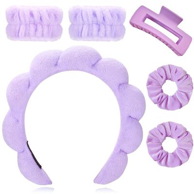 FOSUYI Skin Care Headband for Washing Face Makeup,Sponges Bubble Soft Puffy Padded Headwear for Women Girl Non Slip Thick Hair Accessory (Purple)