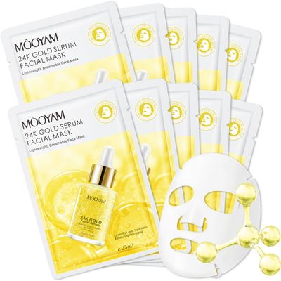 24k Gold Serum Face Masks Skincare Pack of 10, Hydrating Face Masks, Overnight Facial Masks for Women Skin Care, Firming, Moisturizing, Nourishing, Face Sheet Mask for All Skin Type Christmas Gifts