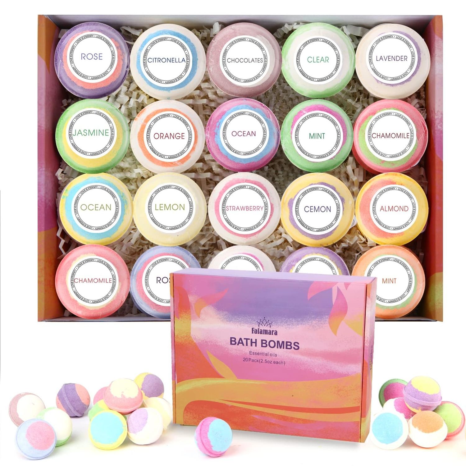 Fafamara Bath Bombs, 20 Pcs Handmade All Natural Organic Bath Bombs Gift Set, Essential Oil Bubble Bath, Dry Skin Moisturize, SPA Relaxing Gifts for Women &amp; Men, Her, Girls, Wife, Birthday