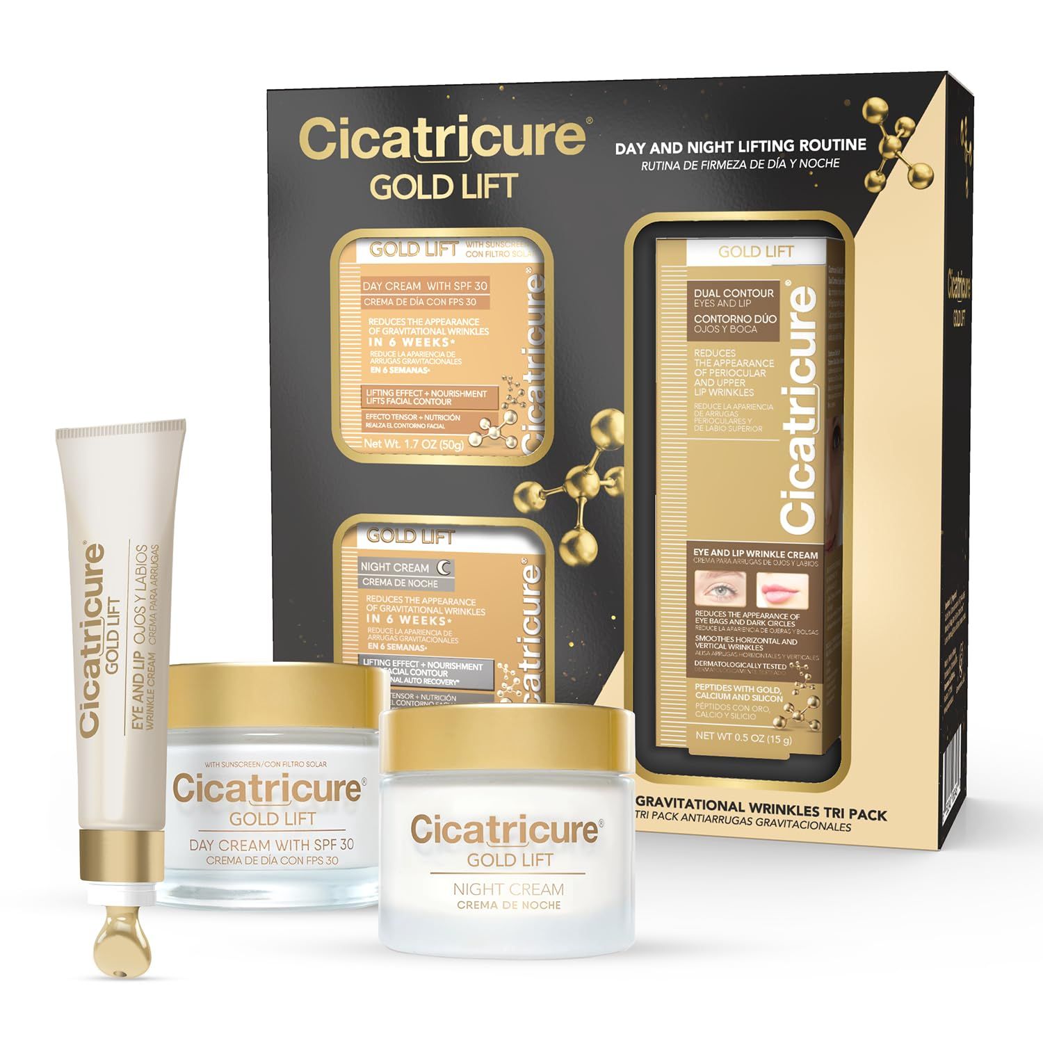 CICATRICURE Gold Lift Anti Gravitational Wrinkles Skin Care Gift Set with Day Anti-Wrinkle Cream + SPF 30 , Night Anti-Wrinkle Cream &amp; Dual Contour Eye and Lip Wrinkle Cream, 3 Piece Set
