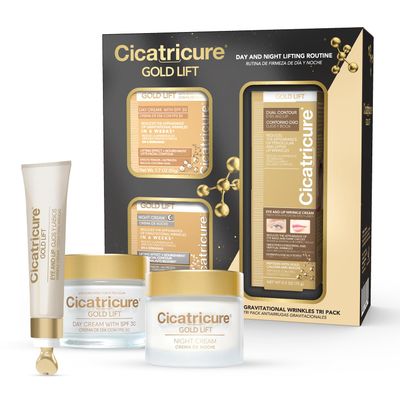 CICATRICURE Gold Lift Anti Gravitational Wrinkles Skin Care Gift Set with Day Anti-Wrinkle Cream + SPF 30 , Night Anti-Wrinkle Cream &amp; Dual Contour Eye and Lip Wrinkle Cream, 3 Piece Set