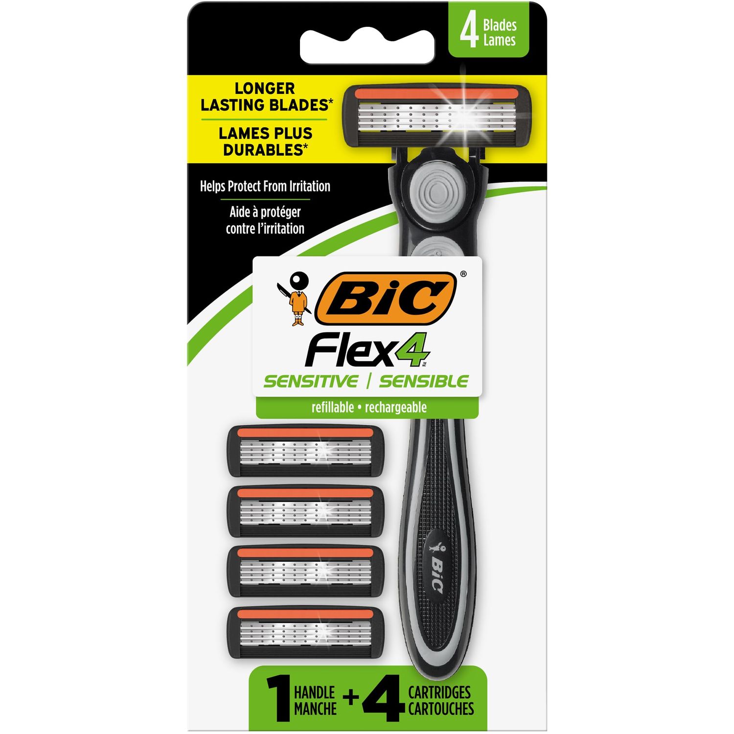 BIC Flex 4 Refillable Razors for Men, Long-Lasting 4 Blade Razors for Sensitive Skin, 1 Handle and 4 Cartridges, 5 Piece Shaving Gift Set