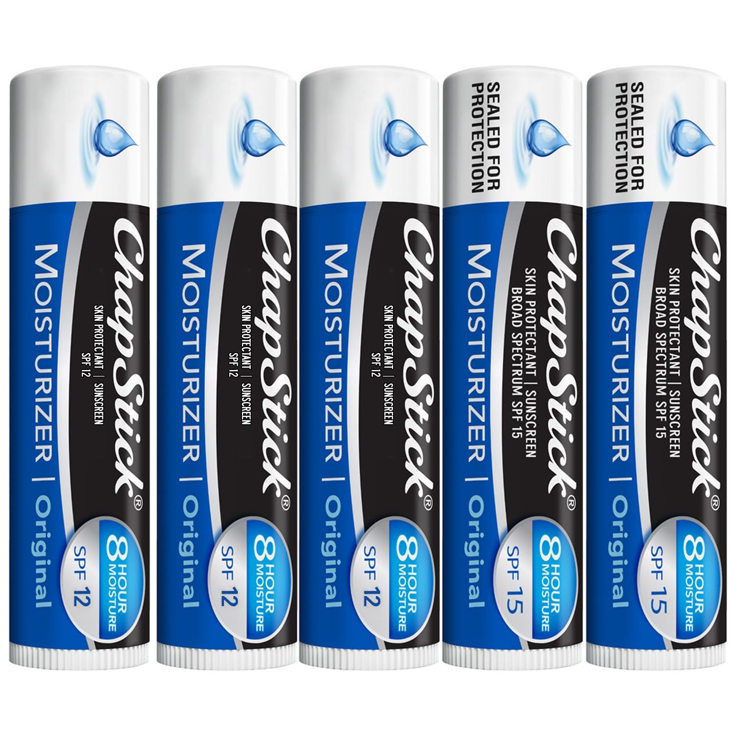 ChapStick Moisturizer 2-in-1 Lipcare 5-Pack (3 SPF 12, 2 SPF 15) - Original Lip Balm with Broad Spectrum SPF, Aloe &amp; Vitamin E, 0.15 Oz Ea