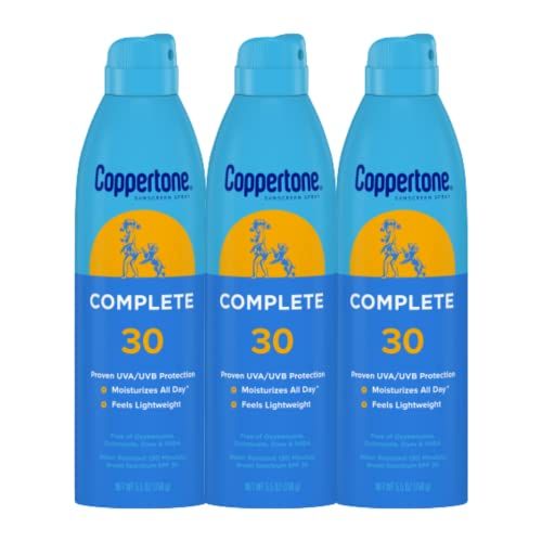Coppertone COMPLETE SPF 30 Sunscreen Spray, Lightweight, Moisturizing Sunscreen Pack, Water Resistant Spray Sunscreen SPF 30, 5.5 Oz Spray, Pack of 3