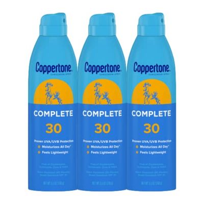 Coppertone COMPLETE SPF 30 Sunscreen Spray, Lightweight, Moisturizing Sunscreen Pack, Water Resistant Spray Sunscreen SPF 30, 5.5 Oz Spray, Pack of 3
