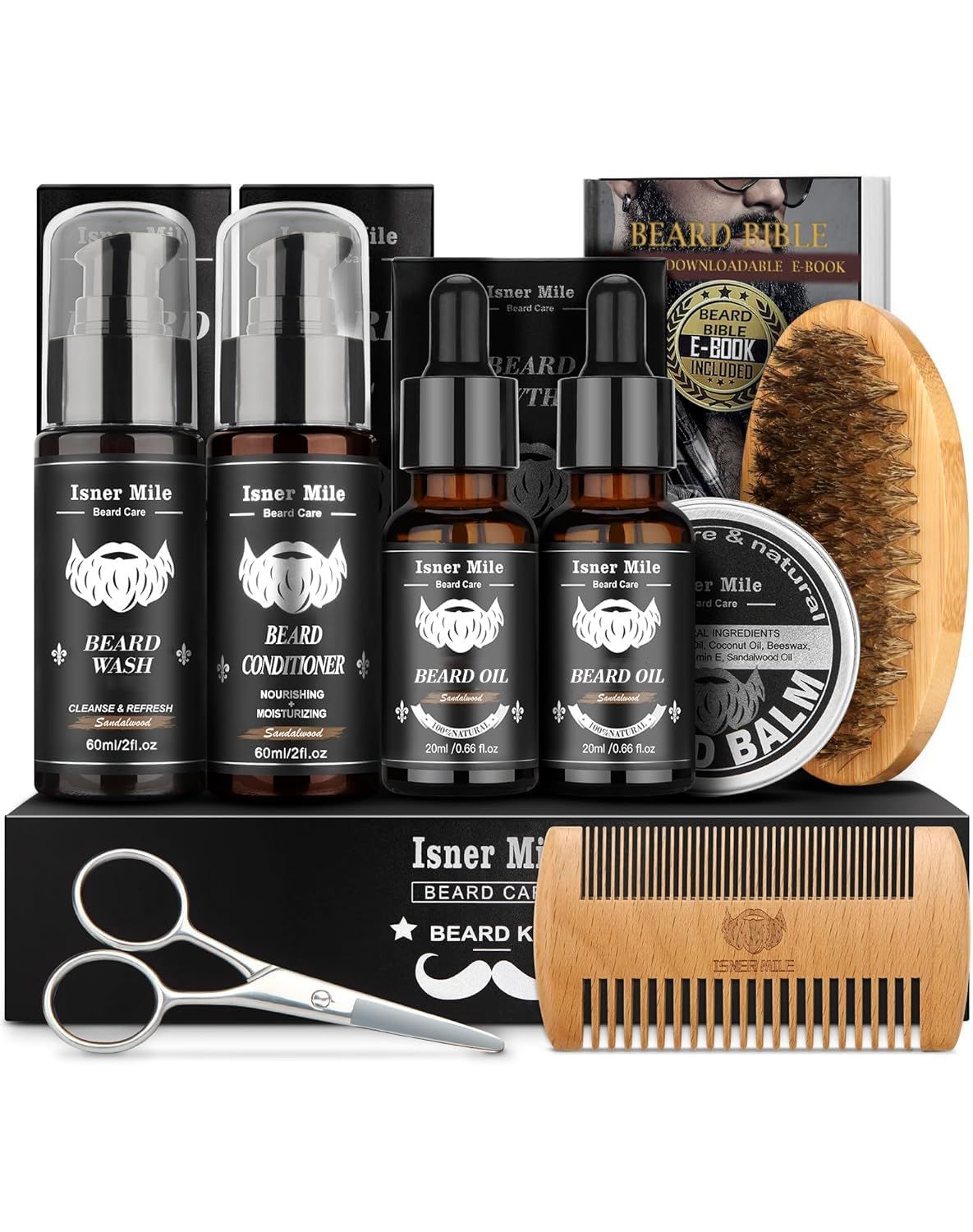 Beard Grooming Kit with 2 Pack Beard Original Oil, Beard Balm, Wash &amp; Conditioner for After Shave Lotions-Sandalwood, Beard Brush, Combs, Valentine&#39;s Day Christmas Fathers Gifts for Dad or Men