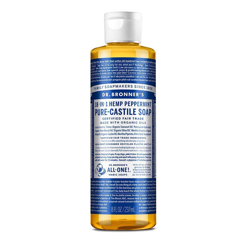 Dr. Bronner&#39;s - Pure-Castile Liquid Soap (Peppermint, 8 ounce) - Made with Organic Oils, 18-in-1 Uses: Face, Body, Hair, Laundry, Pets and Dishes, Concentrated, Vegan, Non-GMO