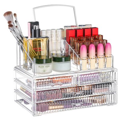 2 Pack Clear Makeup Storage Organizer for Counter - WIth 4 drawers and 1 Removable Mirror- Hair Accessory and Cosmetic Storage Organizer for Beauty,Brush,Lipstick,Make up Holder Skincare Organizer