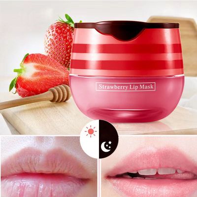 2 Pcs Bee Lip Balm Honey Pot, Honey &amp; Strawberry Lip Mask Overnight Moisturizing Scrub Exfoliator Reduces Lip Lines Prevention Dry and Cracked. (Honey &amp; Strawberry)