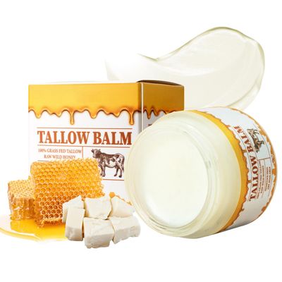 Beef Tallow for Skin, Tallow and Honey Balm, Natural Grass Fed Beef Tallow &amp; Raw Wild Honey Balm, Organic Beef Tallow Face Moisturizer for Cracked, Dry Skin, Tallow Balm for Skin Hydration, 2 oz