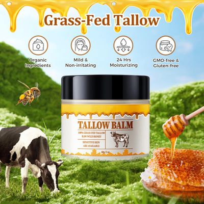 Beef Tallow for Skin, Tallow and Honey Balm, Natural Grass Fed Beef Tallow &amp; Raw Wild Honey Balm, Organic Beef Tallow Face Moisturizer for Cracked, Dry Skin, Tallow Balm for Skin Hydration, 2 oz