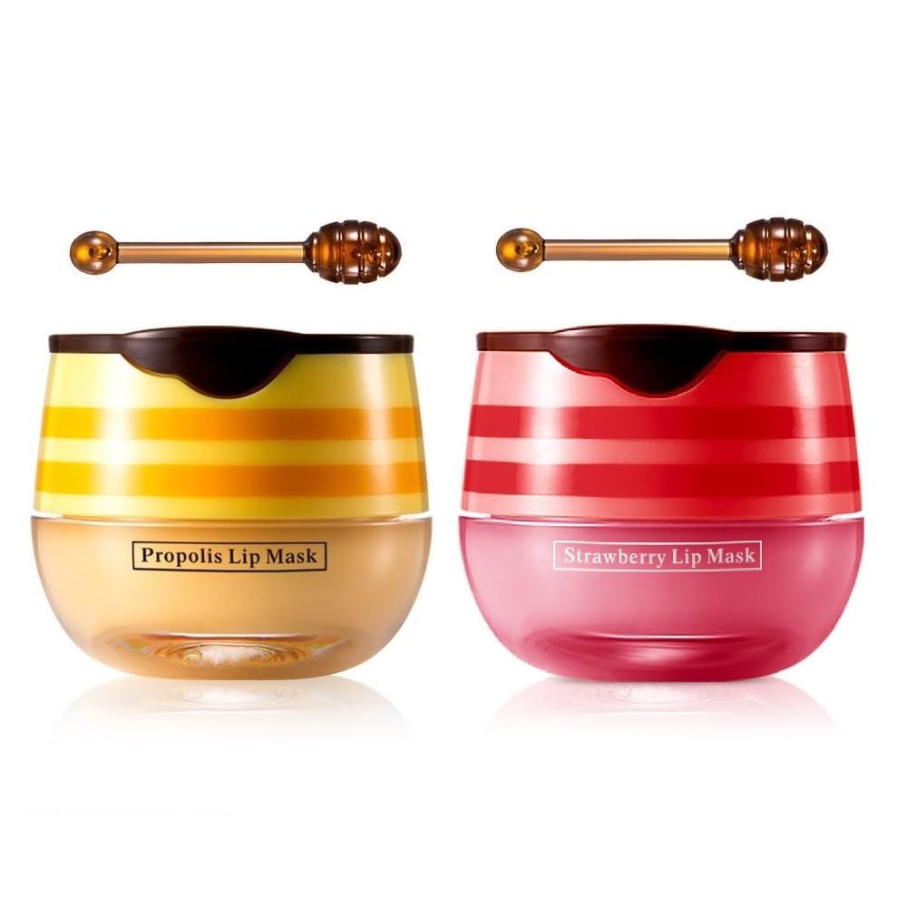 2 Pcs Bee Lip Balm Honey Pot, Honey &amp; Strawberry Lip Mask Overnight Moisturizing Scrub Exfoliator Reduces Lip Lines Prevention Dry and Cracked. (Honey &amp; Strawberry)