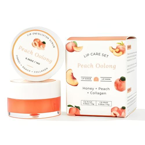 Benatu Lip Sleeping Mask &amp; Sugar Exfoliator Scrub Set, Hydrating Overnight Plumper &amp; Moisturizer Care Gift for Women with Silicone Applicators for Cracked &amp; Dry Lips (Peach Oolong)