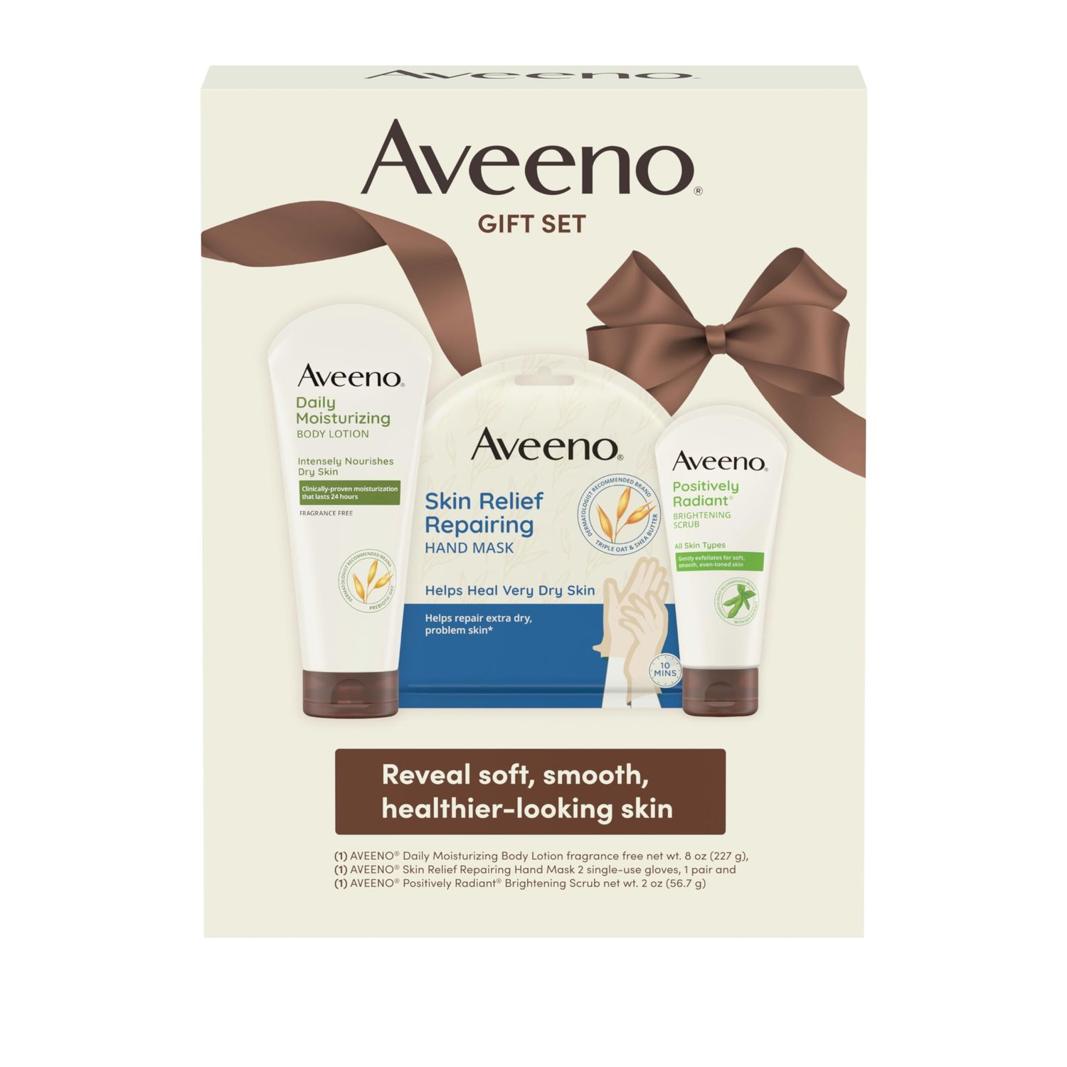 Aveeno Spa Day Gift Set, Full Body Skincare Set with Positively Radiant Face Scrub, Daily Moisturizing Body Lotion, &amp; a Pair of Single-Use Skin Relief Hand Masks, Non-Comedogenic, 3 Items