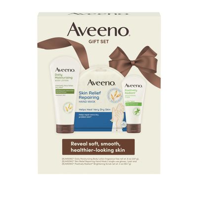 Aveeno Spa Day Gift Set, Full Body Skincare Set with Positively Radiant Face Scrub, Daily Moisturizing Body Lotion, &amp; a Pair of Single-Use Skin Relief Hand Masks, Non-Comedogenic, 3 Items