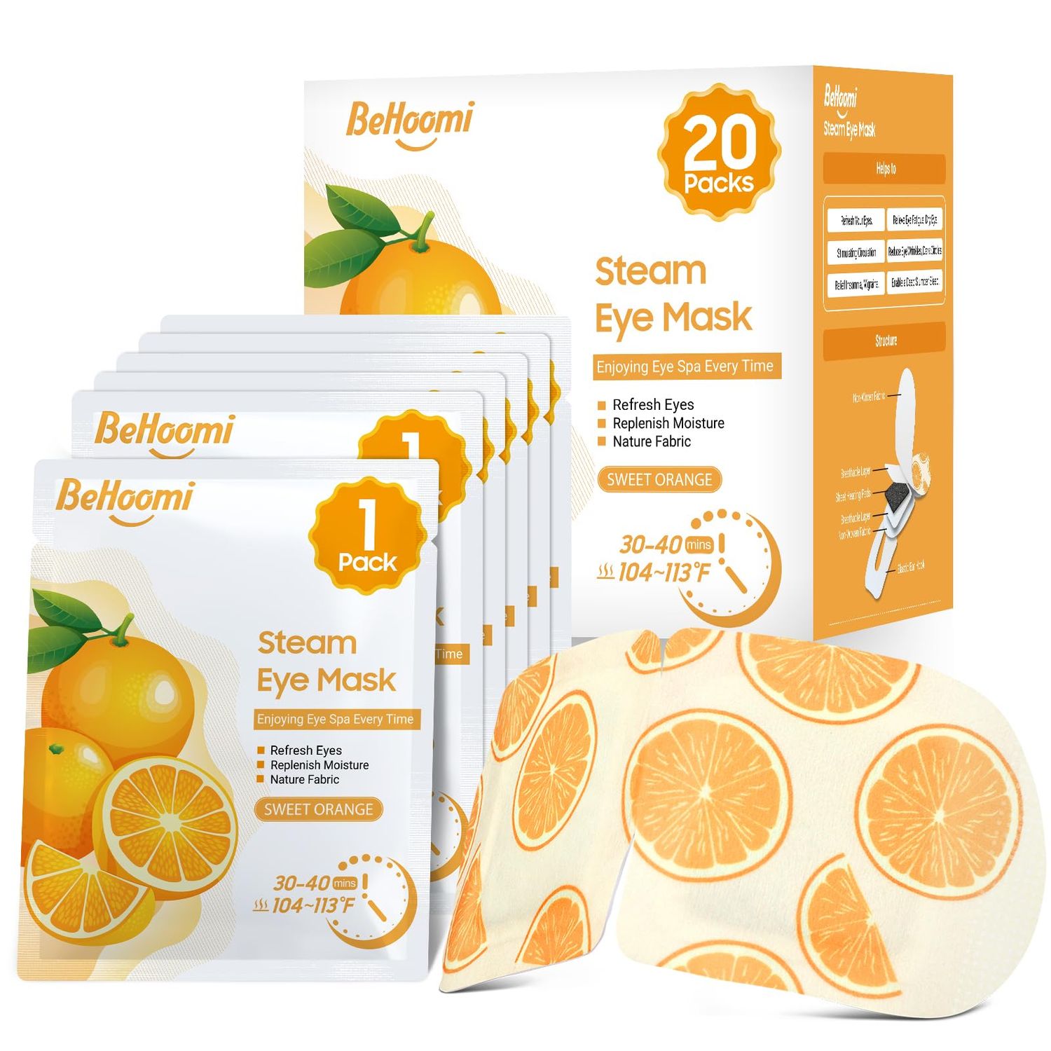 BeHoomi 20 Packs Steam Eye Mask, Heated Eye Mask Warm Compress for Eyes, Disposable Self Heating Eye Mask for Sleep, Travel Essentials &amp; Relaxation Gifts for Women, Stocking Stuffers (Sweet Orange)