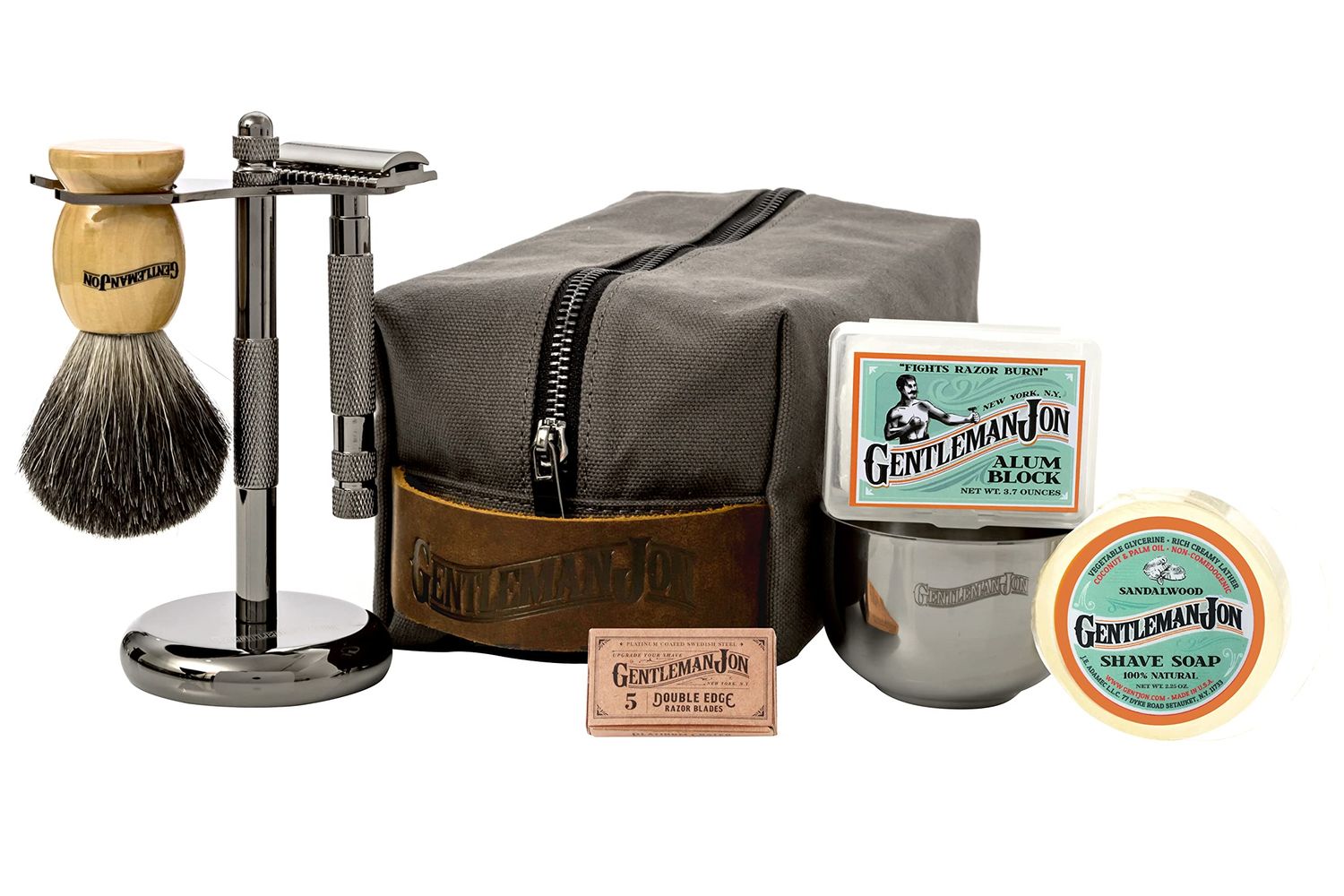 Gentleman Jon Deluxe Vintage Wet Shave Grooming Set for Men - Safety Razor, Brush, Alum Block, Soap, Bowl, Blades, Stand &amp; Dopp Kit