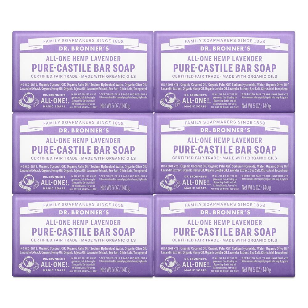 Dr. Bronner&#39;s - Pure-Castile Bar Soap (Lavender, 5 ounce, 6-Pack) - Made with Organic Oils, For Face, Body and Hair, Gentle and Moisturizing, Biodegradable, Vegan, Cruelty-free, Non-GMO
