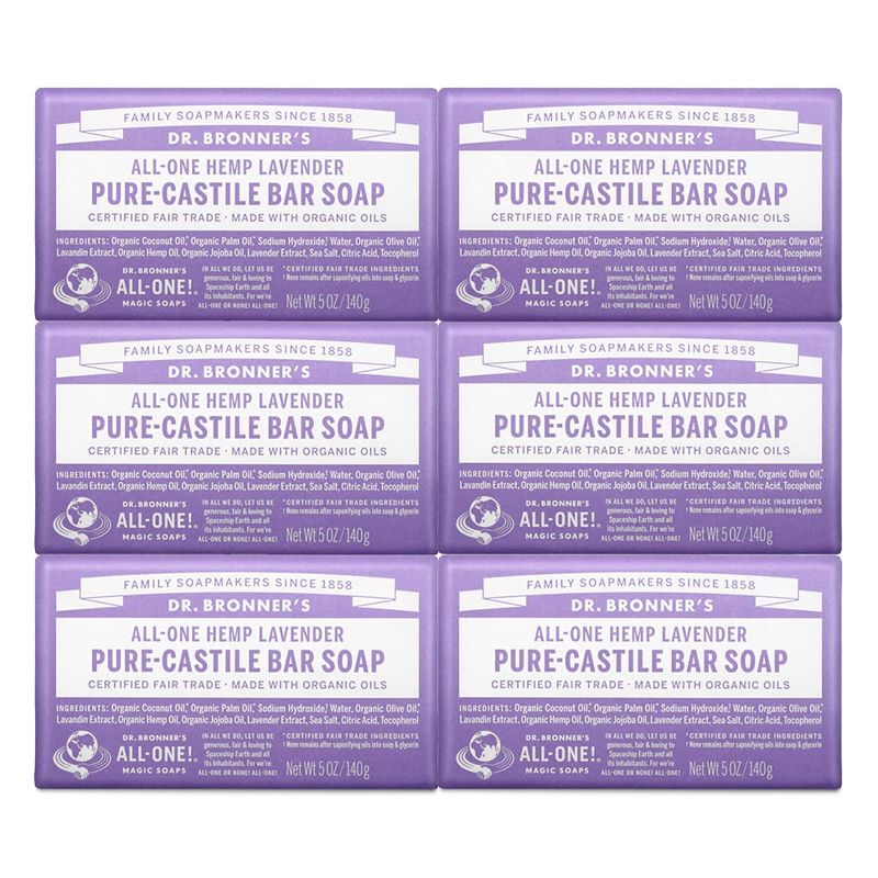 Dr. Bronner&#39;s - Pure-Castile Bar Soap (Lavender, 5 ounce, 6-Pack) - Made with Organic Oils, For Face, Body and Hair, Gentle and Moisturizing, Biodegradable, Vegan, Cruelty-free, Non-GMO